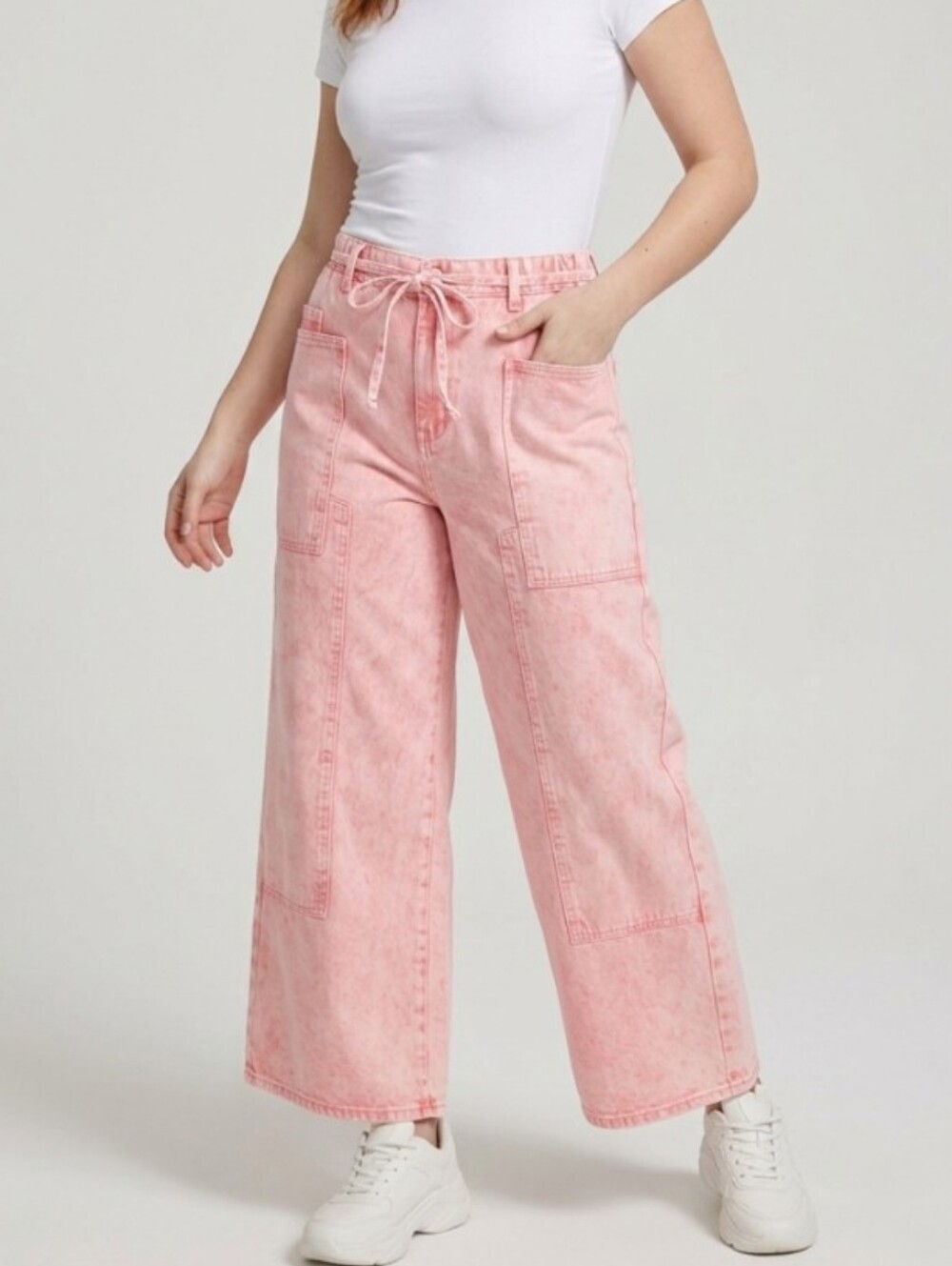 American Bazi Pink Tie-Waist Wide-Leg Jean Size L NWT